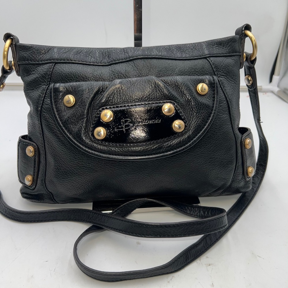 B Makowsky Black Leather Crossbody Bag Gold Hardware Leopard Print Lining